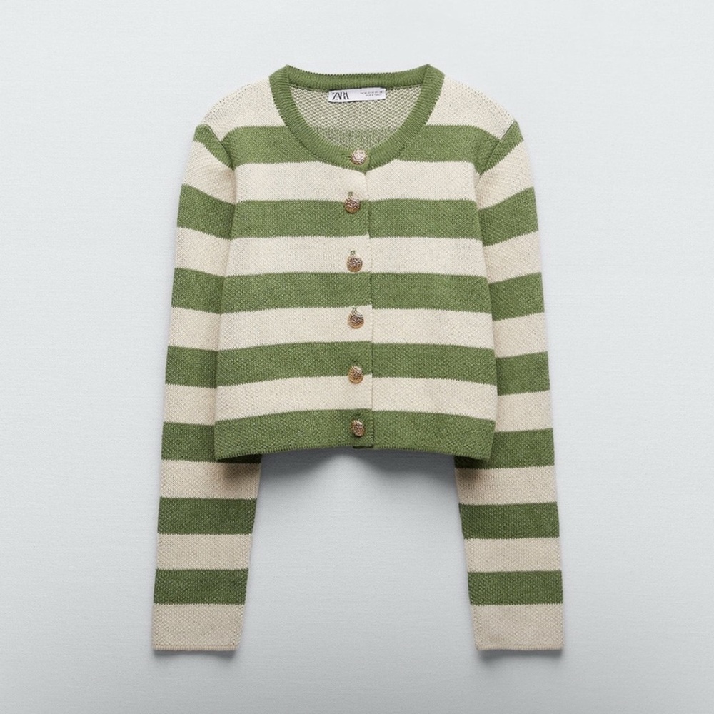 Zara Cropped Striped Green and White Women's Sweater Cardigan